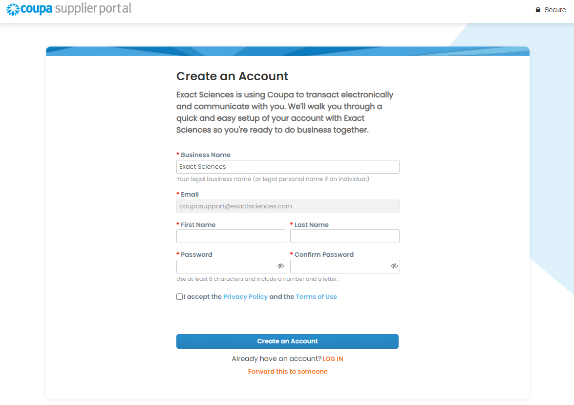 Screenshot of Create an Account page on the Coupa Supplier Portal.
